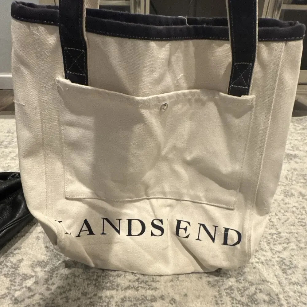 Lands' End Ivory/Navy Logo Tote Bag Snap Closure Inner Pockets Double Handles